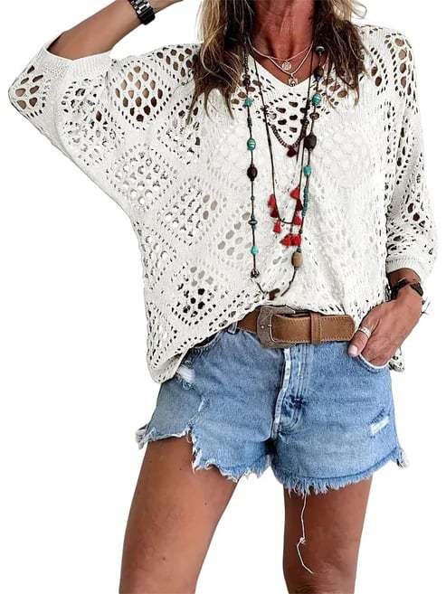 Women's Boho Crochet Hollow-Out Knit Top | V-Neck Batwing Sleeve Beach Cover-Up Sweater | S-5XL