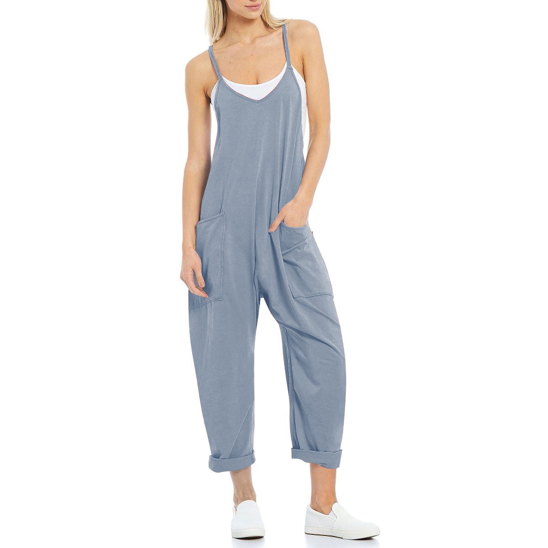 Women's Spaghetti Strap Loose Jumpsuit — Soft Fleece Relaxed Fit One-Piece with Deep Patch Pockets & Adjustable Straps, Cropped Leg Romper in 10+ Colors