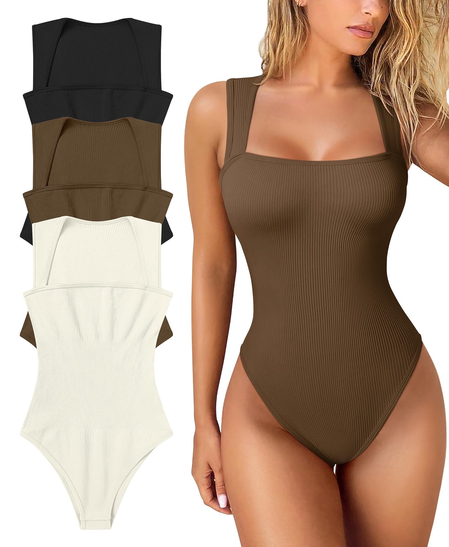 Women's Ribbed Square Neck Bodysuit | Sleeveless Tummy Control Butt Lifting Thong Body Shaper