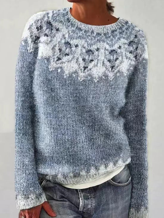 Women's Vintage Colorblock Knit Sweater | Boho Folk Floral Crew Neck Oversized Pullover | Fall Winter Top