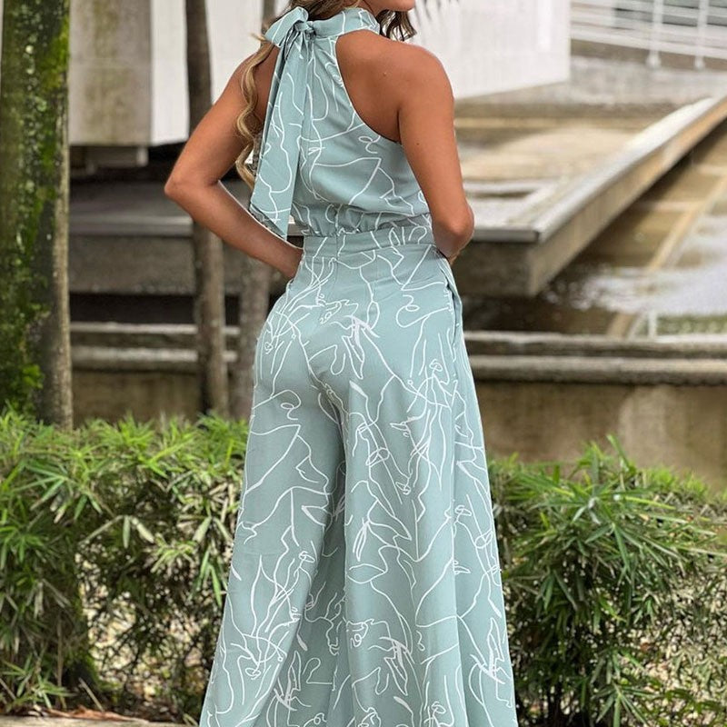 Summer New Arrival Ins Style Women's Round Neck Tie Waist Slim Fit Printed Jumpsuit