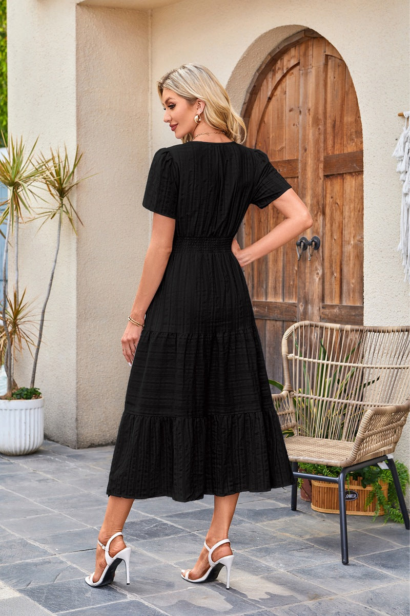 Women's V-Neck Smocked Waist Tiered Midi Dress — Flowy Puff Sleeve Boho Maxi Dress with Elastic Waist & Ruffle Tiered Skirt, Summer Casual Party Dress in 14 Colors S–XXL