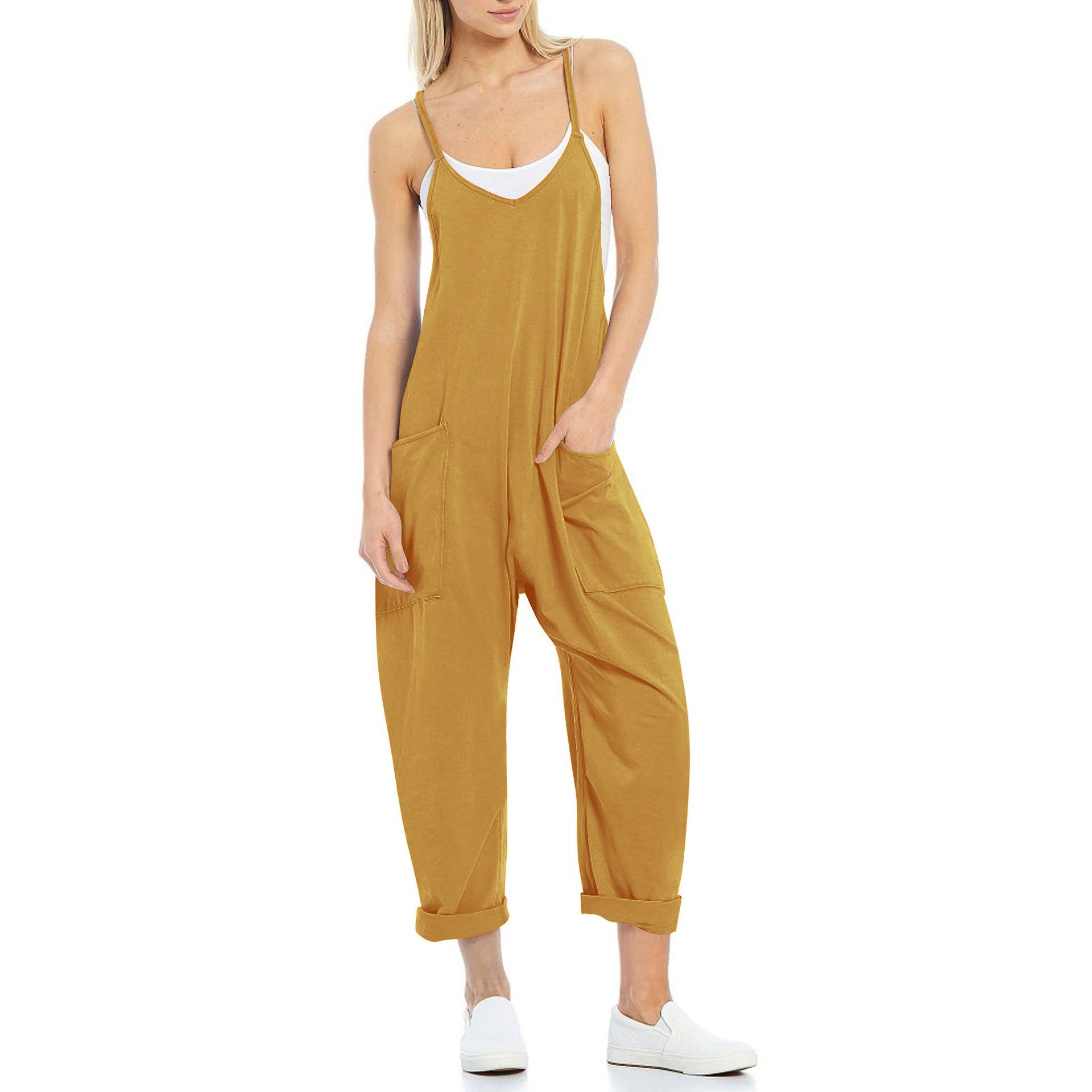 Women's Spaghetti Strap Loose Jumpsuit — Soft Fleece Relaxed Fit One-Piece with Deep Patch Pockets & Adjustable Straps, Cropped Leg Romper in 10+ Colors