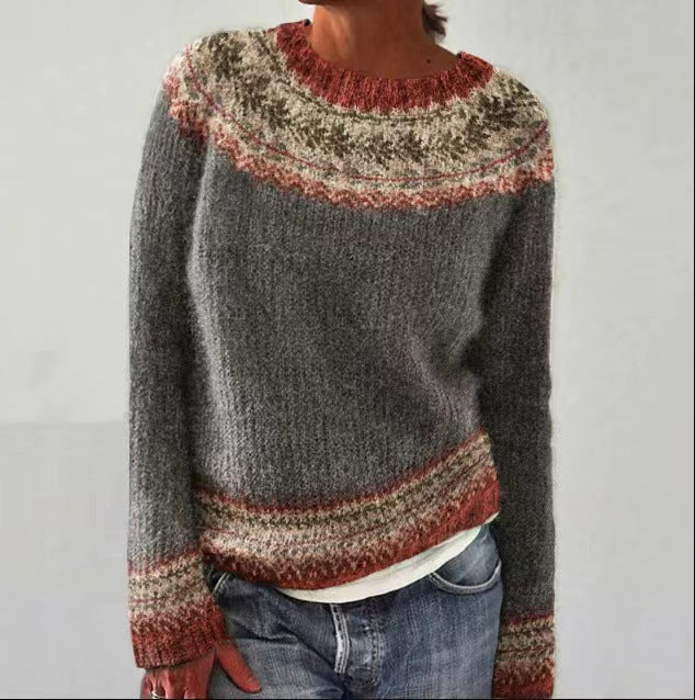 Women's Vintage Colorblock Knit Sweater | Boho Folk Floral Crew Neck Oversized Pullover | Fall Winter Top
