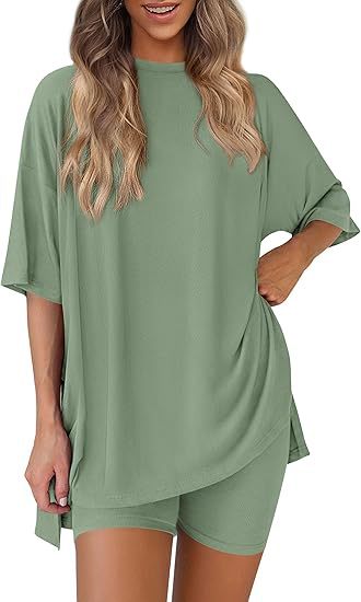Women's Oversized Lounge Set 2 Piece — Short Sleeve Tee & Biker Shorts | Casual Comfy Matching Outfit