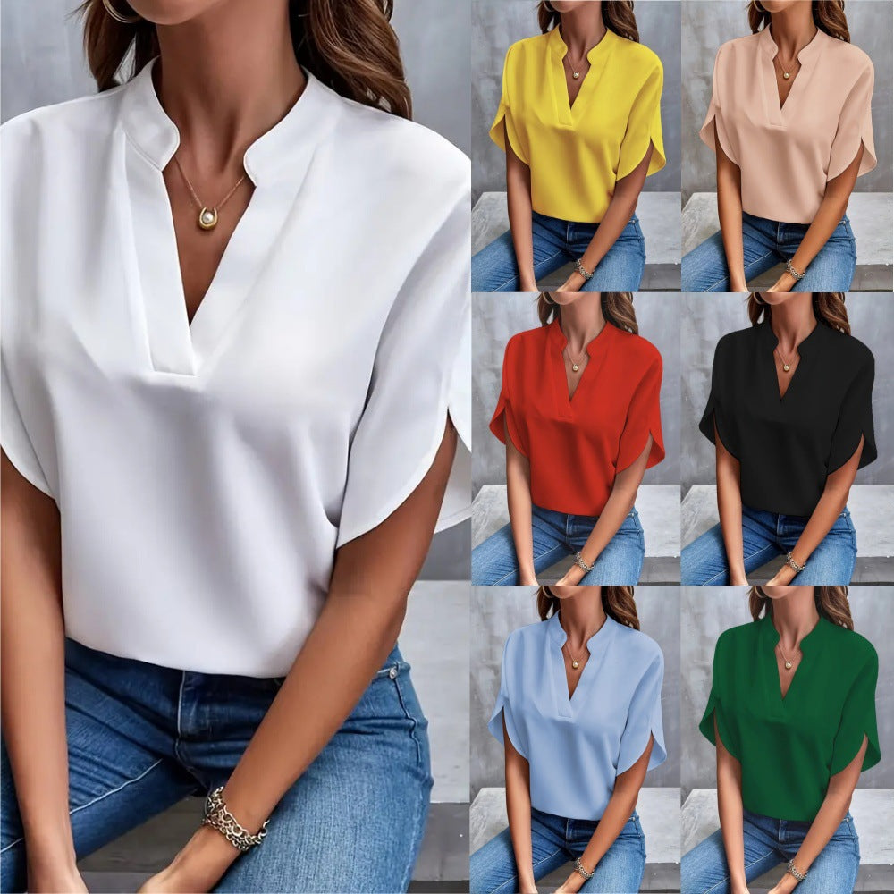 Women's V-Neck Chiffon Blouse — Wrinkle-Free Relaxed Fit Short Sleeve Pullover Shirt, Elegant Casual Summer Top in 7 Colors, S–2XL