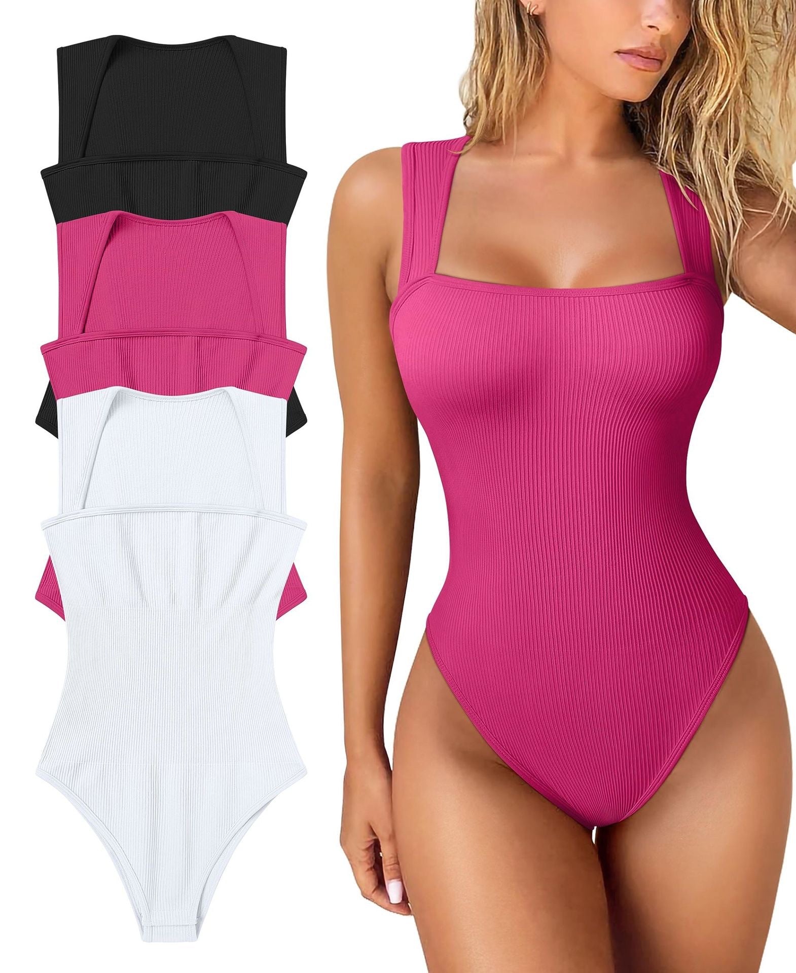 Women's Ribbed Square Neck Bodysuit | Sleeveless Tummy Control Butt Lifting Thong Body Shaper