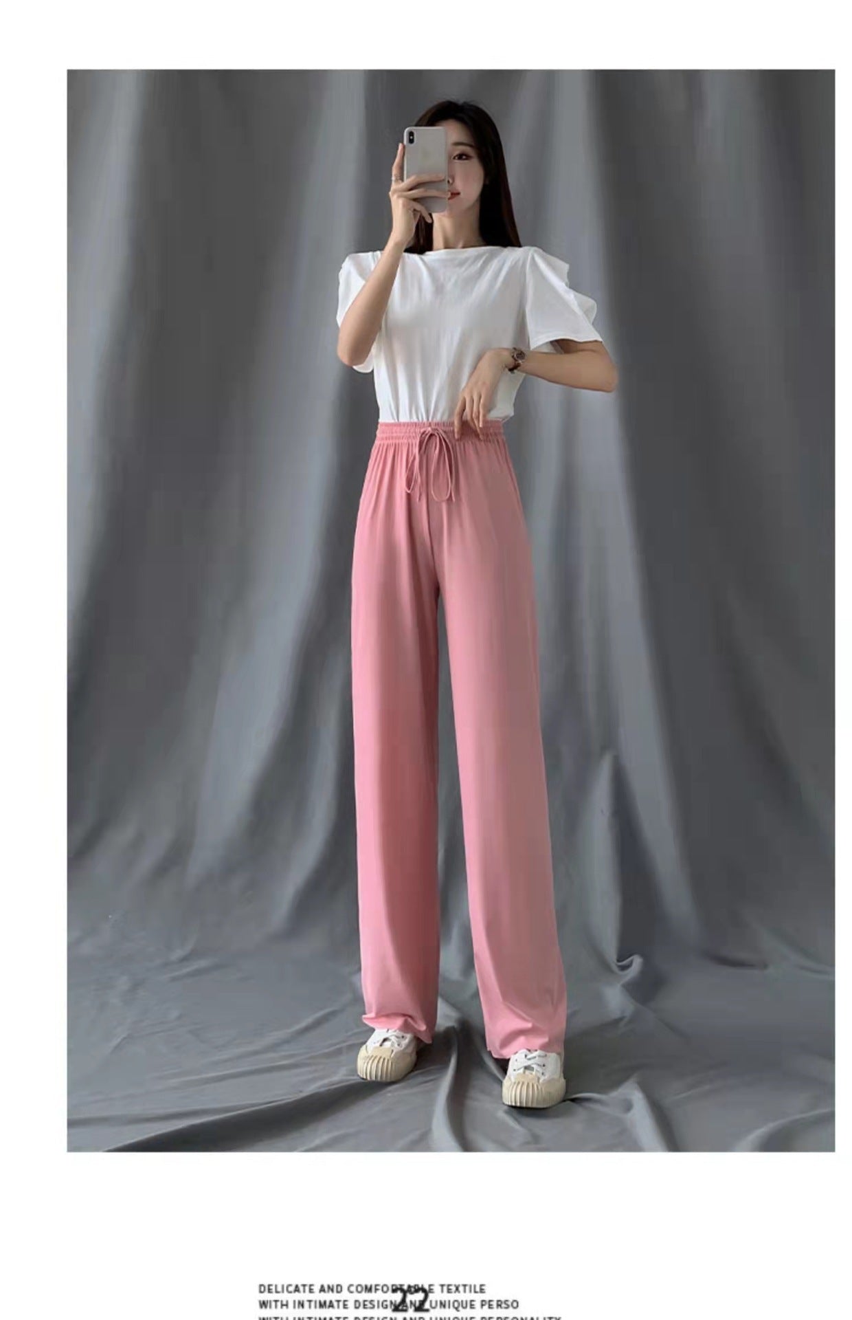 Women's Ice Silk Wide Leg Pants — High Waist Drawstring Flowy Trousers for Summer, Petite-Friendly Straight-Cut Lounge Pants