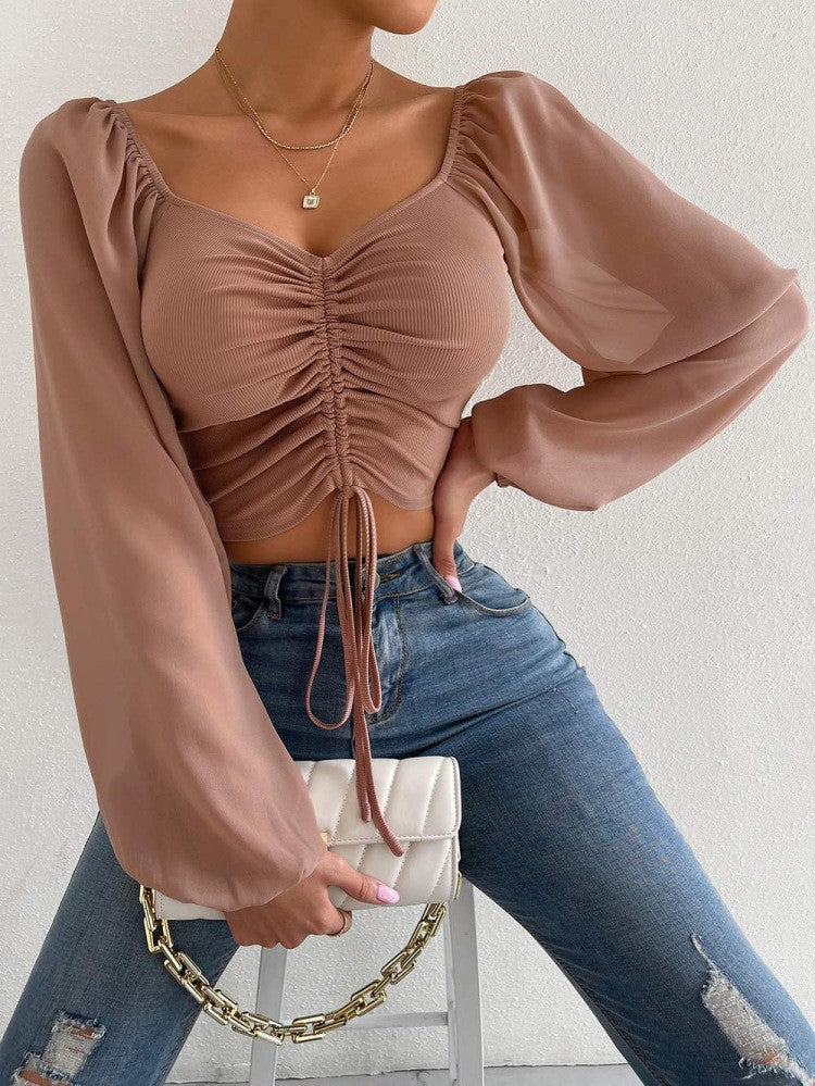 Ruched Front Crop Top for Women | V-Neck Lantern Sleeve Drawstring Fitted Blouse | Sexy Club Party Shirt