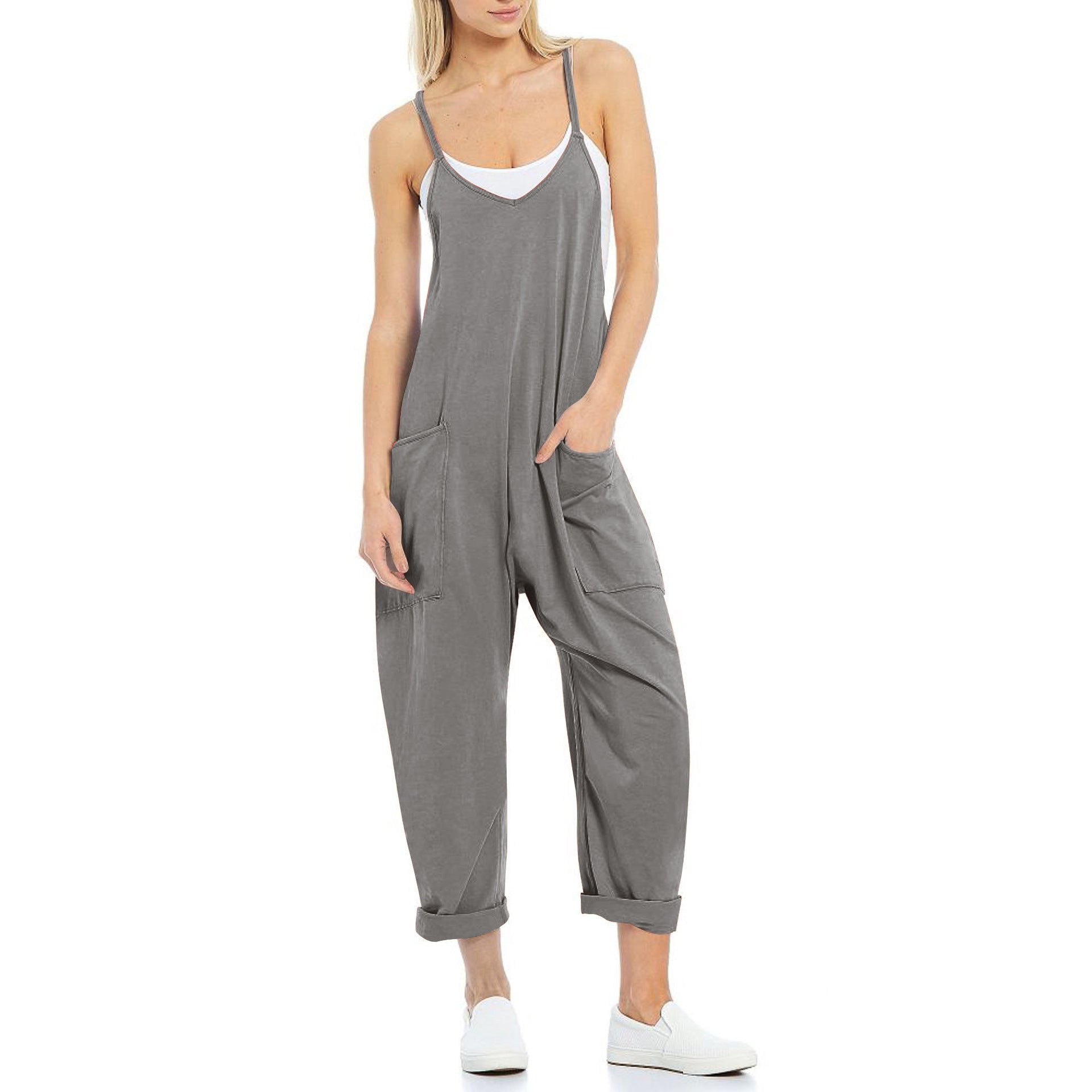 Women's Spaghetti Strap Loose Jumpsuit — Soft Fleece Relaxed Fit One-Piece with Deep Patch Pockets & Adjustable Straps, Cropped Leg Romper in 10+ Colors