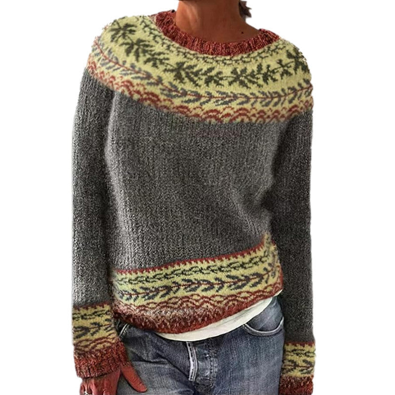 Women's Vintage Colorblock Knit Sweater | Boho Folk Floral Crew Neck Oversized Pullover | Fall Winter Top