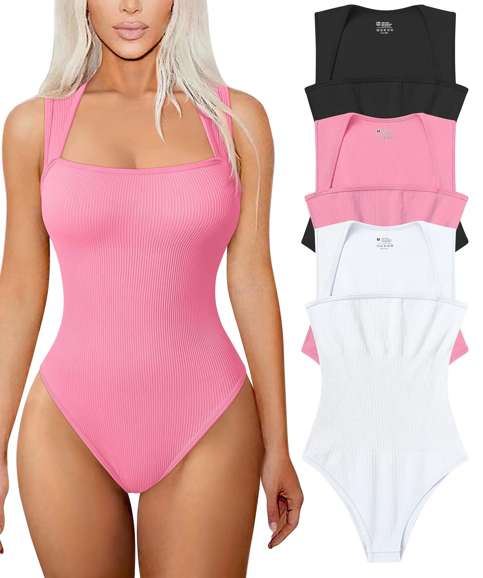 Women's Ribbed Square Neck Bodysuit | Sleeveless Tummy Control Butt Lifting Thong Body Shaper