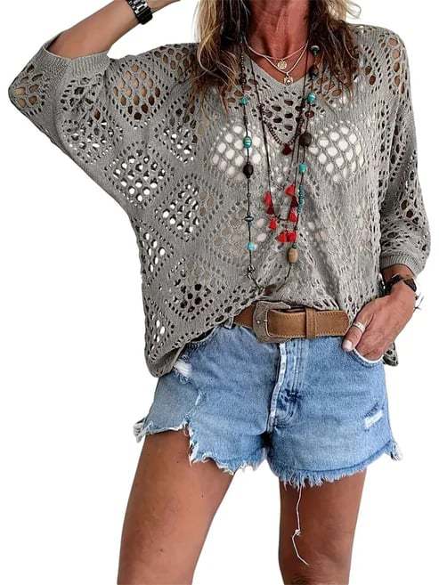 Women's Boho Crochet Hollow-Out Knit Top | V-Neck Batwing Sleeve Beach Cover-Up Sweater | S-5XL