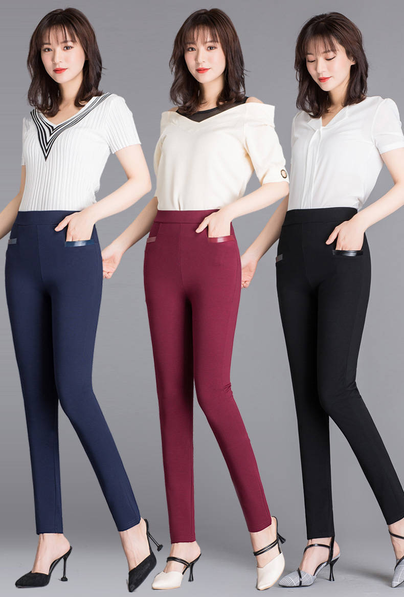 Women's High Waist Slim Stretch Pencil Pants — 4-Way Stretch Skinny Trousers with Faux Leather Pocket Trim, Office Casual Cropped or Capri Length, M–4XL