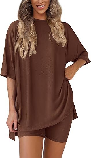Women's Oversized Lounge Set 2 Piece — Short Sleeve Tee & Biker Shorts | Casual Comfy Matching Outfit