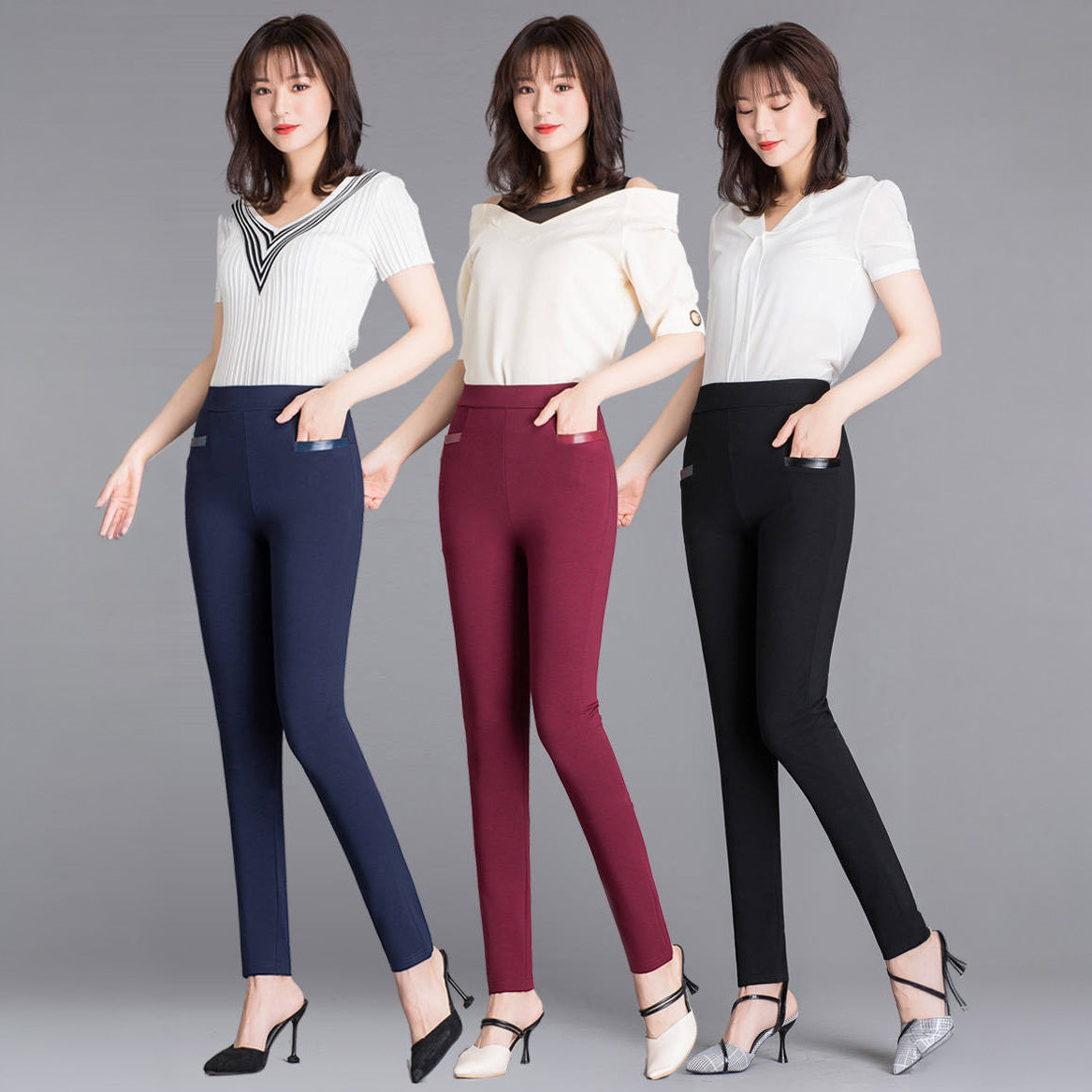 Women's High Waist Slim Stretch Pencil Pants — 4-Way Stretch Skinny Trousers with Faux Leather Pocket Trim, Office Casual Cropped or Capri Length, M–4XL