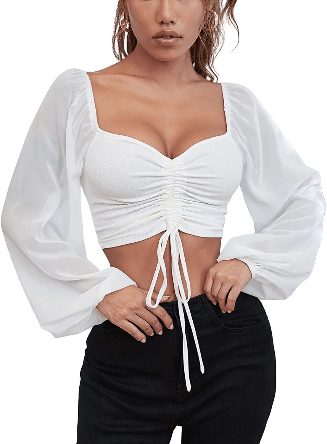 Ruched Front Crop Top for Women | V-Neck Lantern Sleeve Drawstring Fitted Blouse | Sexy Club Party Shirt