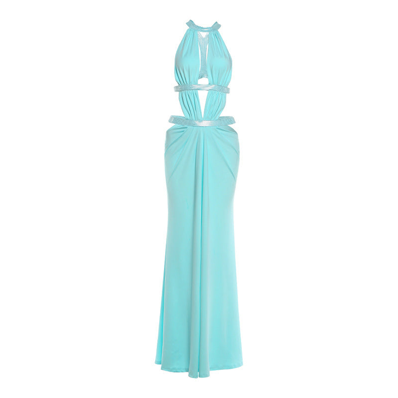 2026 Summer Sexy Backless Deep V Cutout Maxi Dress for Women, European Style Ruched Solid Color Beach Party Dress
