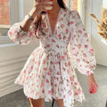 Women's V-Neck Lace Trim Floral Mini Dress — Romantic Puff Sleeve Tiered Ruffle Skirt Short Dress, Sweet Boho Floral Party Dress S–XXXL in 9 Prints