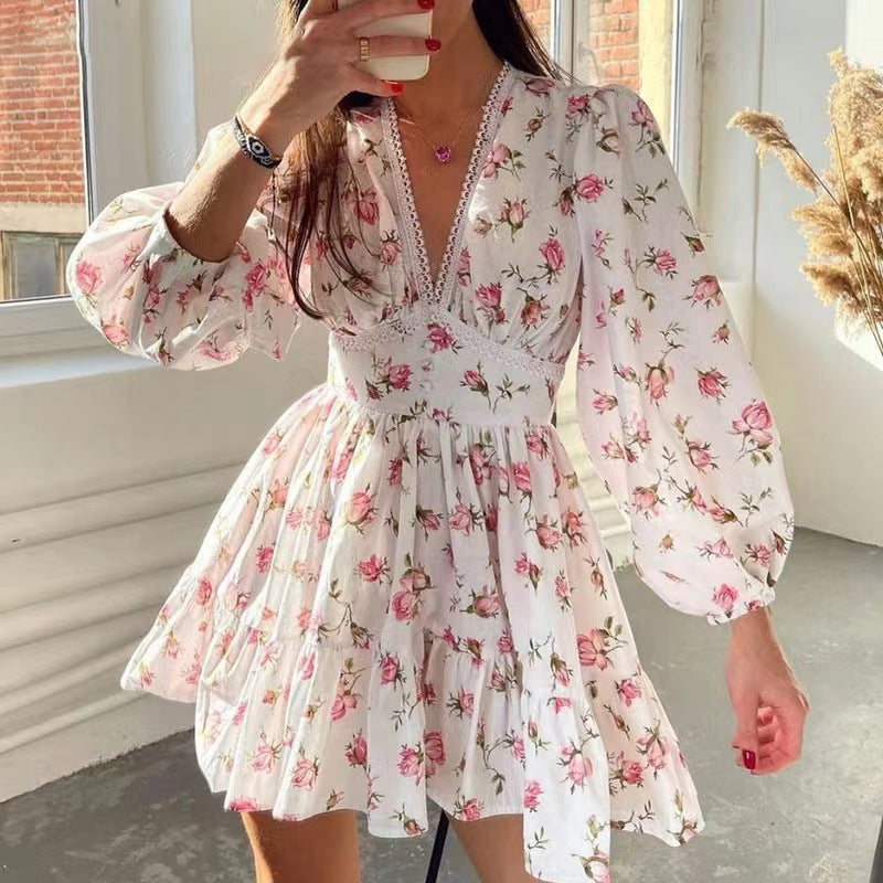 Women's V-Neck Lace Trim Floral Mini Dress — Romantic Puff Sleeve Tiered Ruffle Skirt Short Dress, Sweet Boho Floral Party Dress S–XXXL in 9 Prints