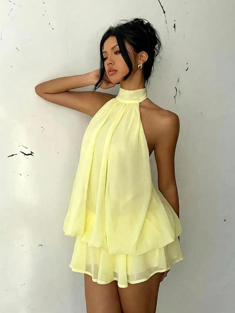 Sexy Chiffon Halter Mini Dress for Women, Island Vacation Backless Flowy Beach Dress, Summer Tea Dress