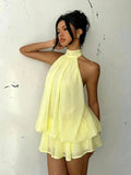 Sexy Chiffon Halter Mini Dress for Women, Island Vacation Backless Flowy Beach Dress, Summer Tea Dress