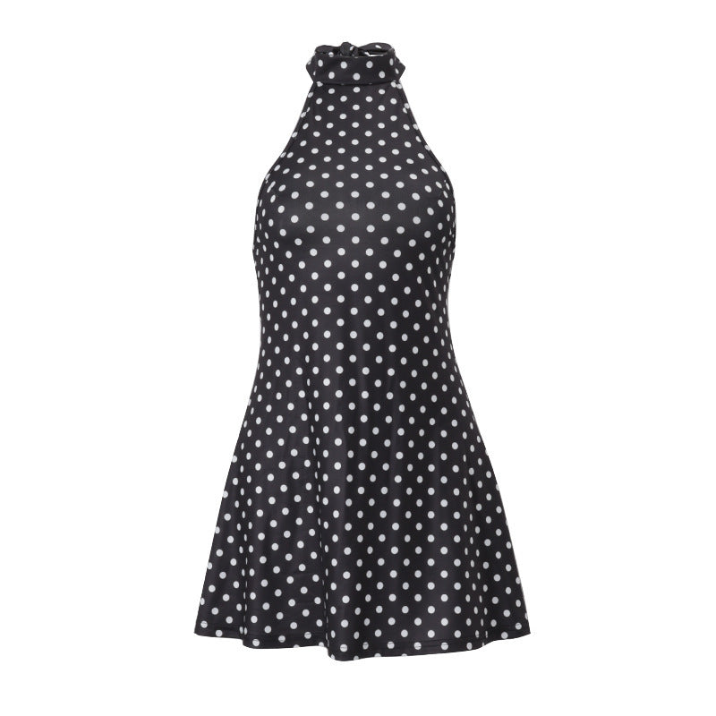 2026 Summer Polka Dot Halter A-Line Mini Dress for Women, Sexy Backless Waist-Cinching Printed Party Dress