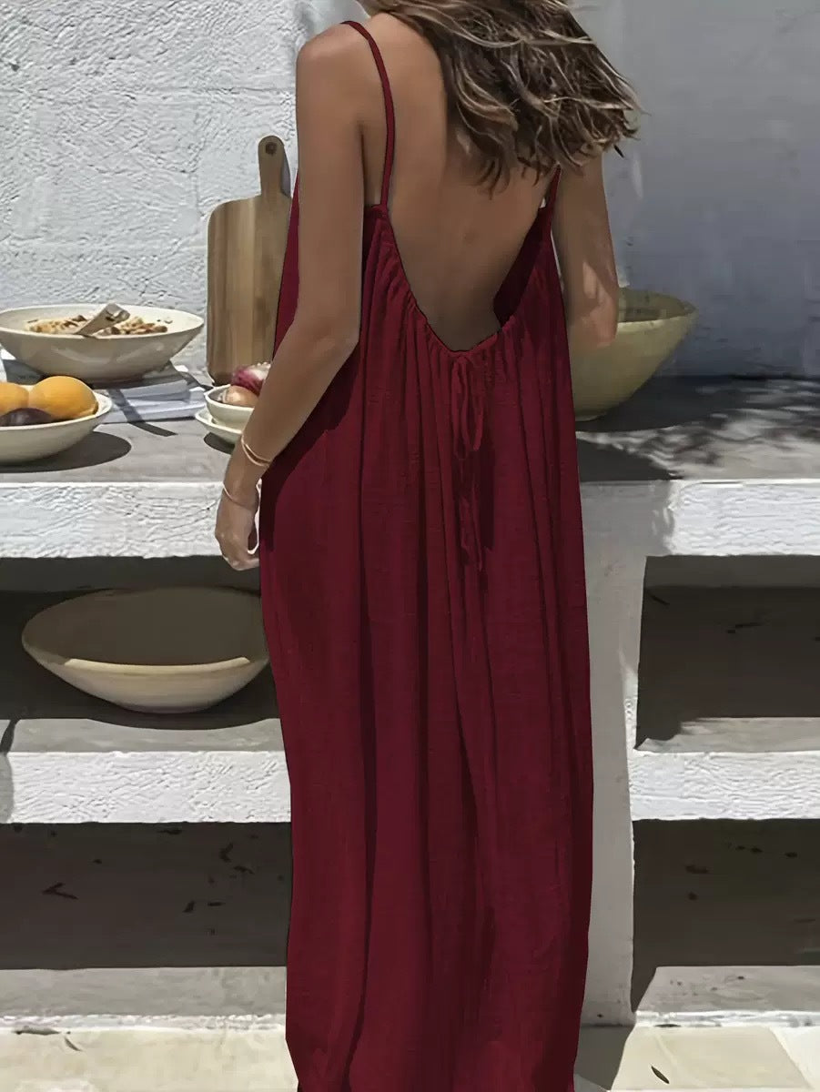 Women's Spaghetti Strap Open Back Loose Maxi Dress — Sexy Backless Slip Sundress, Adjustable Straps Casual Boho Beach Lounge Dress S–5XL in 25+ Colors