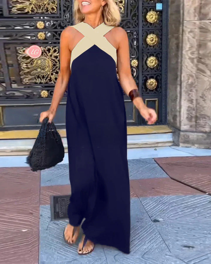 Women's Cross Halter Open Back Maxi Dress — Sexy Backless Crisscross Strap Sleeveless Long Dress, Elegant Flowy Summer Evening Party Dress XS–3XL in 11 Colors