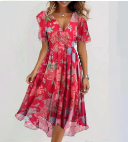 Women's V-Neck Floral Chiffon Midi Dress — Flutter Sleeve Tie Waist Boho Wrap Dress with Handkerchief Hem, Flowy Casual Summer Beach Dress S–3XL in 16 Prints
