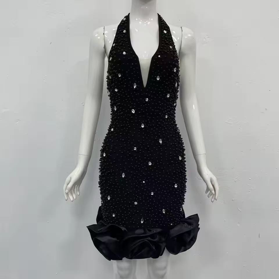 2026 Luxury Rhinestone Beaded Halter Mini Dress for Women, Sexy Deep V Couture Party Dinner Dress