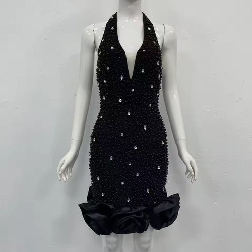 2026 Luxury Rhinestone Beaded Halter Mini Dress for Women, Sexy Deep V Couture Party Dinner Dress