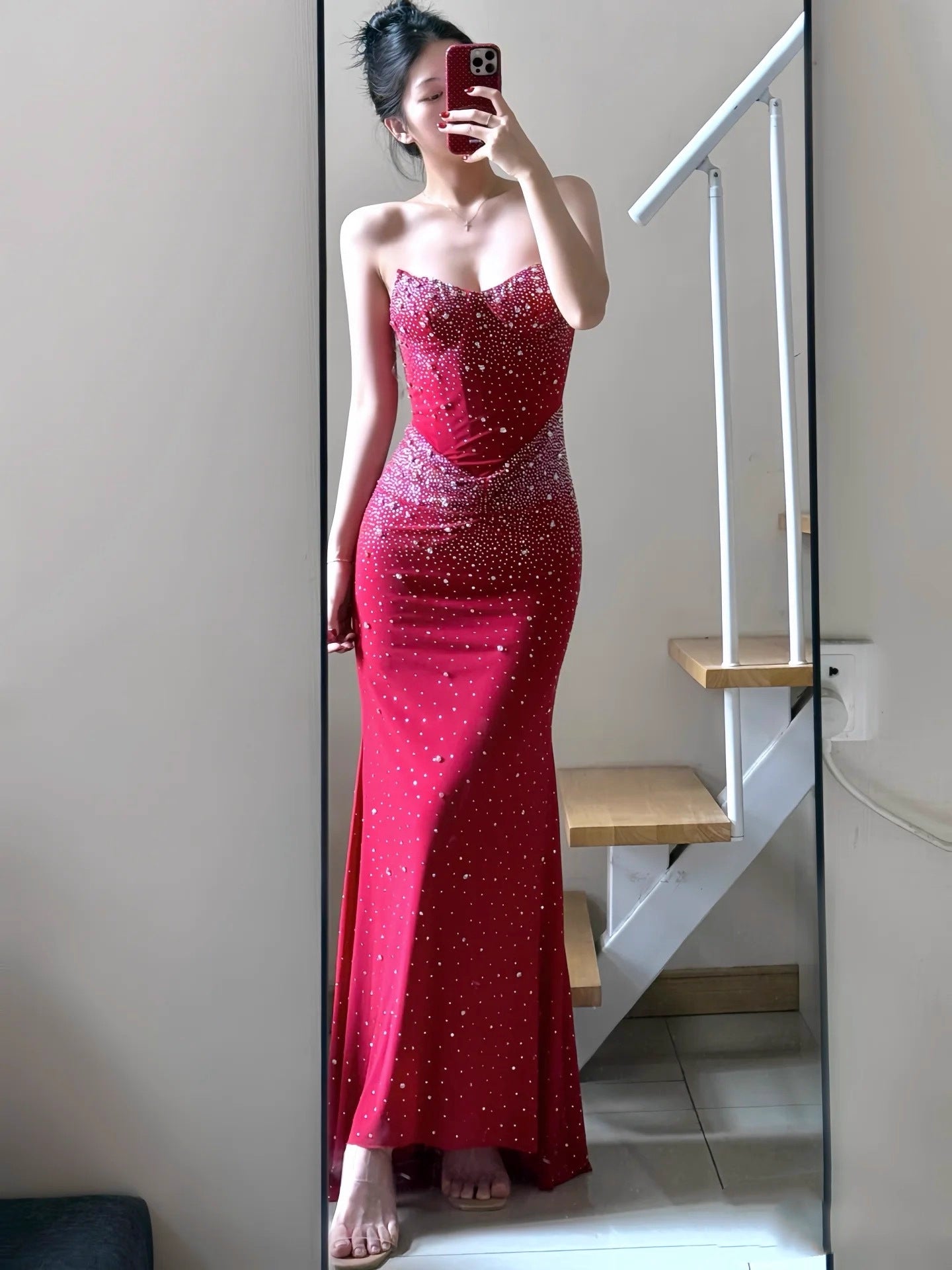 Crystal Rhinestone Strapless Bodycon Maxi Gown | All-Over Hot-Fix Diamonds | Mermaid Evening Dress for Women | Luxury Formal Gala Ball Gown