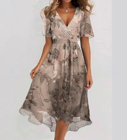 Women's V-Neck Floral Chiffon Midi Dress — Flutter Sleeve Tie Waist Boho Wrap Dress with Handkerchief Hem, Flowy Casual Summer Beach Dress S–3XL in 16 Prints