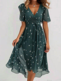 Women's V-Neck Floral Chiffon Midi Dress — Flutter Sleeve Tie Waist Boho Wrap Dress with Handkerchief Hem, Flowy Casual Summer Beach Dress S–3XL in 16 Prints
