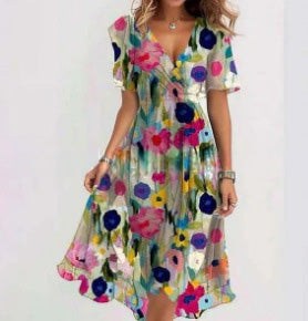 Women's V-Neck Floral Chiffon Midi Dress — Flutter Sleeve Tie Waist Boho Wrap Dress with Handkerchief Hem, Flowy Casual Summer Beach Dress S–3XL in 16 Prints