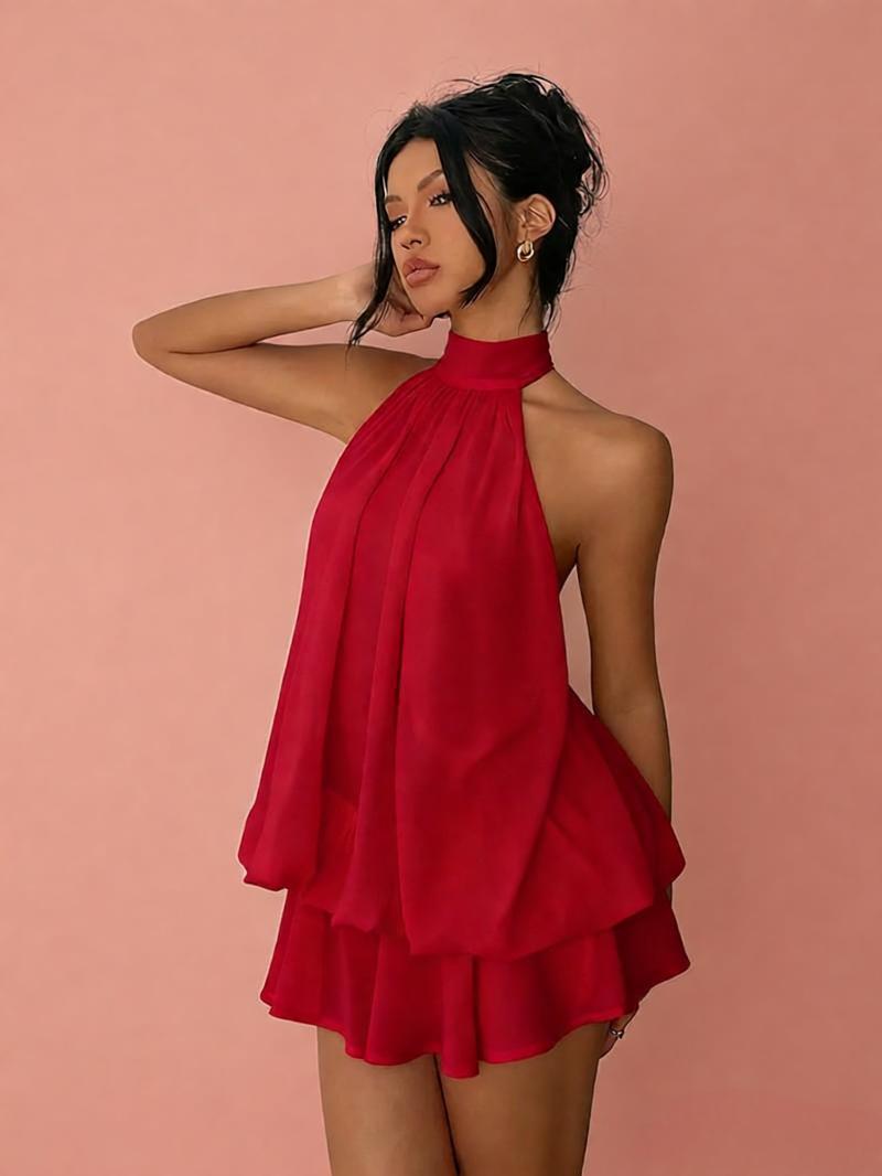 Sexy Chiffon Halter Mini Dress for Women, Island Vacation Backless Flowy Beach Dress, Summer Tea Dress