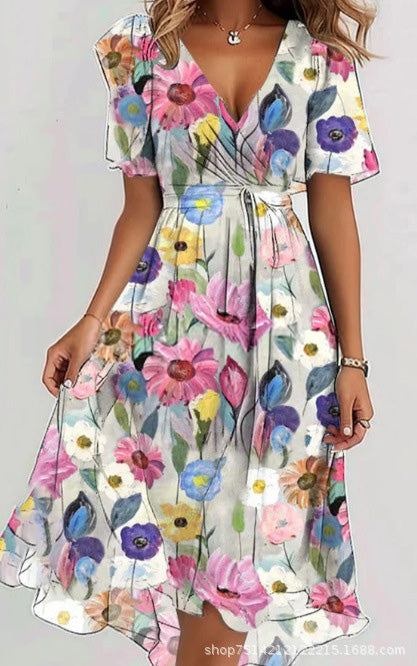 Women's V-Neck Floral Chiffon Midi Dress — Flutter Sleeve Tie Waist Boho Wrap Dress with Handkerchief Hem, Flowy Casual Summer Beach Dress S–3XL in 16 Prints