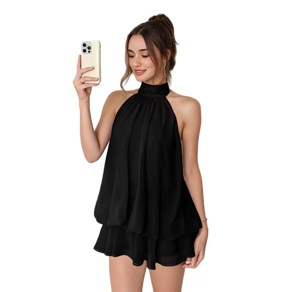Sexy Chiffon Halter Mini Dress for Women, Island Vacation Backless Flowy Beach Dress, Summer Tea Dress
