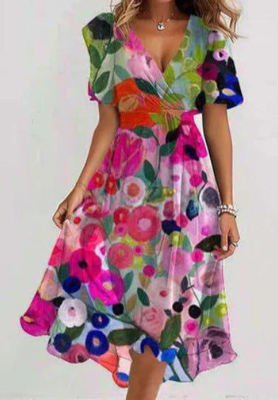 Women's V-Neck Floral Chiffon Midi Dress — Flutter Sleeve Tie Waist Boho Wrap Dress with Handkerchief Hem, Flowy Casual Summer Beach Dress S–3XL in 16 Prints