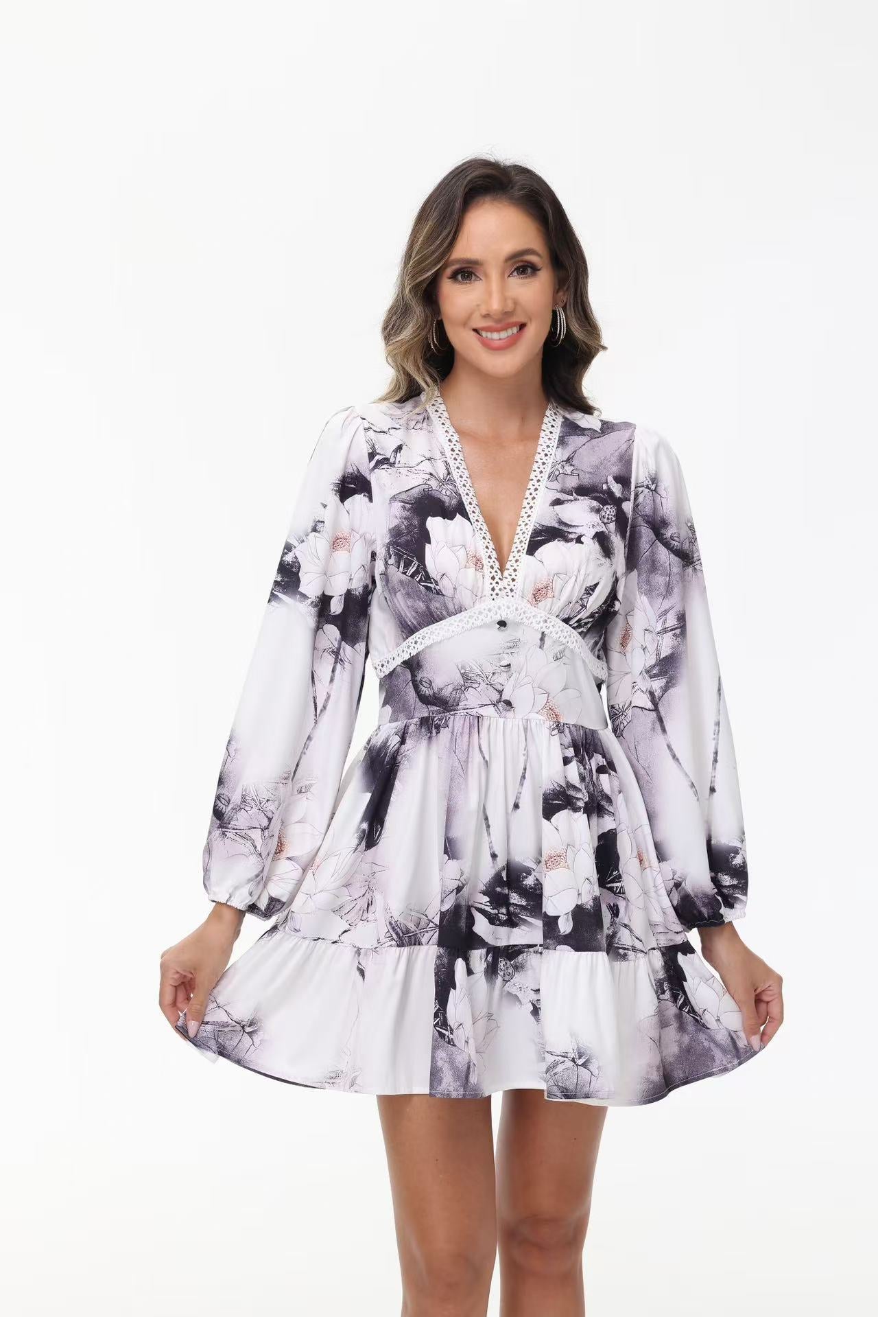 Women's V-Neck Lace Trim Floral Mini Dress — Romantic Puff Sleeve Tiered Ruffle Skirt Short Dress, Sweet Boho Floral Party Dress S–XXXL in 9 Prints