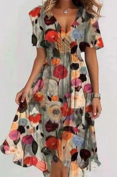 Women's V-Neck Floral Chiffon Midi Dress — Flutter Sleeve Tie Waist Boho Wrap Dress with Handkerchief Hem, Flowy Casual Summer Beach Dress S–3XL in 16 Prints