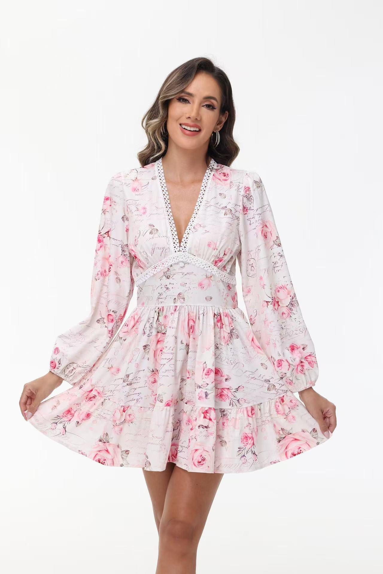 Women's V-Neck Lace Trim Floral Mini Dress — Romantic Puff Sleeve Tiered Ruffle Skirt Short Dress, Sweet Boho Floral Party Dress S–XXXL in 9 Prints