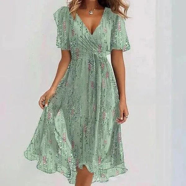 Women's V-Neck Floral Chiffon Midi Dress — Flutter Sleeve Tie Waist Boho Wrap Dress with Handkerchief Hem, Flowy Casual Summer Beach Dress S–3XL in 16 Prints