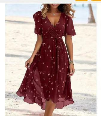Women's V-Neck Floral Chiffon Midi Dress — Flutter Sleeve Tie Waist Boho Wrap Dress with Handkerchief Hem, Flowy Casual Summer Beach Dress S–3XL in 16 Prints