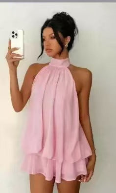 Sexy Chiffon Halter Mini Dress for Women, Island Vacation Backless Flowy Beach Dress, Summer Tea Dress