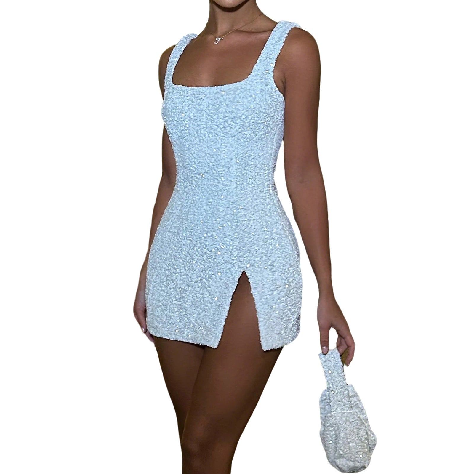 Women's Diamond Sequin Bodycon Mini Dress — Colorful Geometric Sequin Party Dress with Side Slit, Sparkle Sleeveless Club Dress S–XL in 15+ Colors