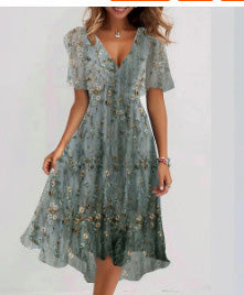 Women's V-Neck Floral Chiffon Midi Dress — Flutter Sleeve Tie Waist Boho Wrap Dress with Handkerchief Hem, Flowy Casual Summer Beach Dress S–3XL in 16 Prints