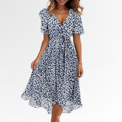 Women's V-Neck Floral Chiffon Midi Dress — Flutter Sleeve Tie Waist Boho Wrap Dress with Handkerchief Hem, Flowy Casual Summer Beach Dress S–3XL in 16 Prints