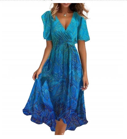 Women's V-Neck Floral Chiffon Midi Dress — Flutter Sleeve Tie Waist Boho Wrap Dress with Handkerchief Hem, Flowy Casual Summer Beach Dress S–3XL in 16 Prints